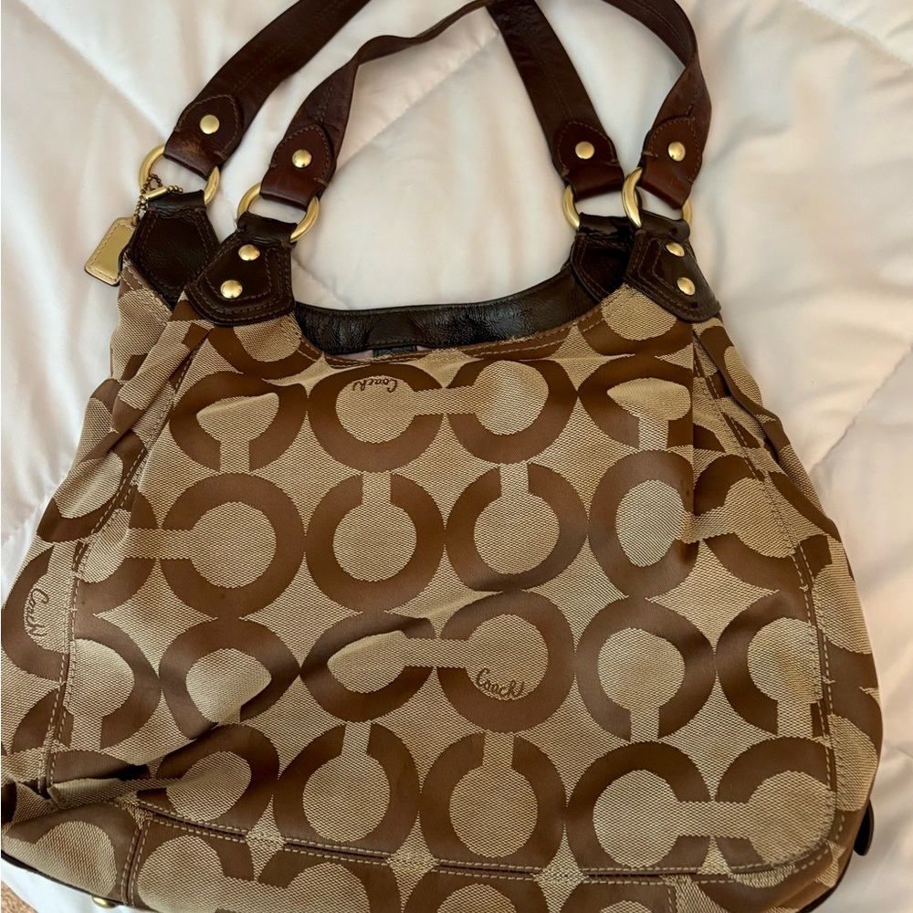 Coach Tan and Brown Signature Shoulder Bag